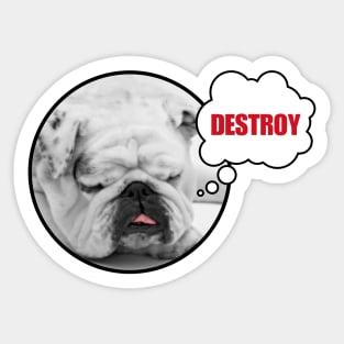 Cute Sleeping Bull Dog Blep Tongue Dreaming of Destruction. Funny and Silly. Red Lettering Sticker